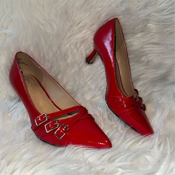 Michael Shannon Womens Red Patent Leather Pumps Size 6.5 Pointed Toe Kitten Heel - Picture 1 of 8